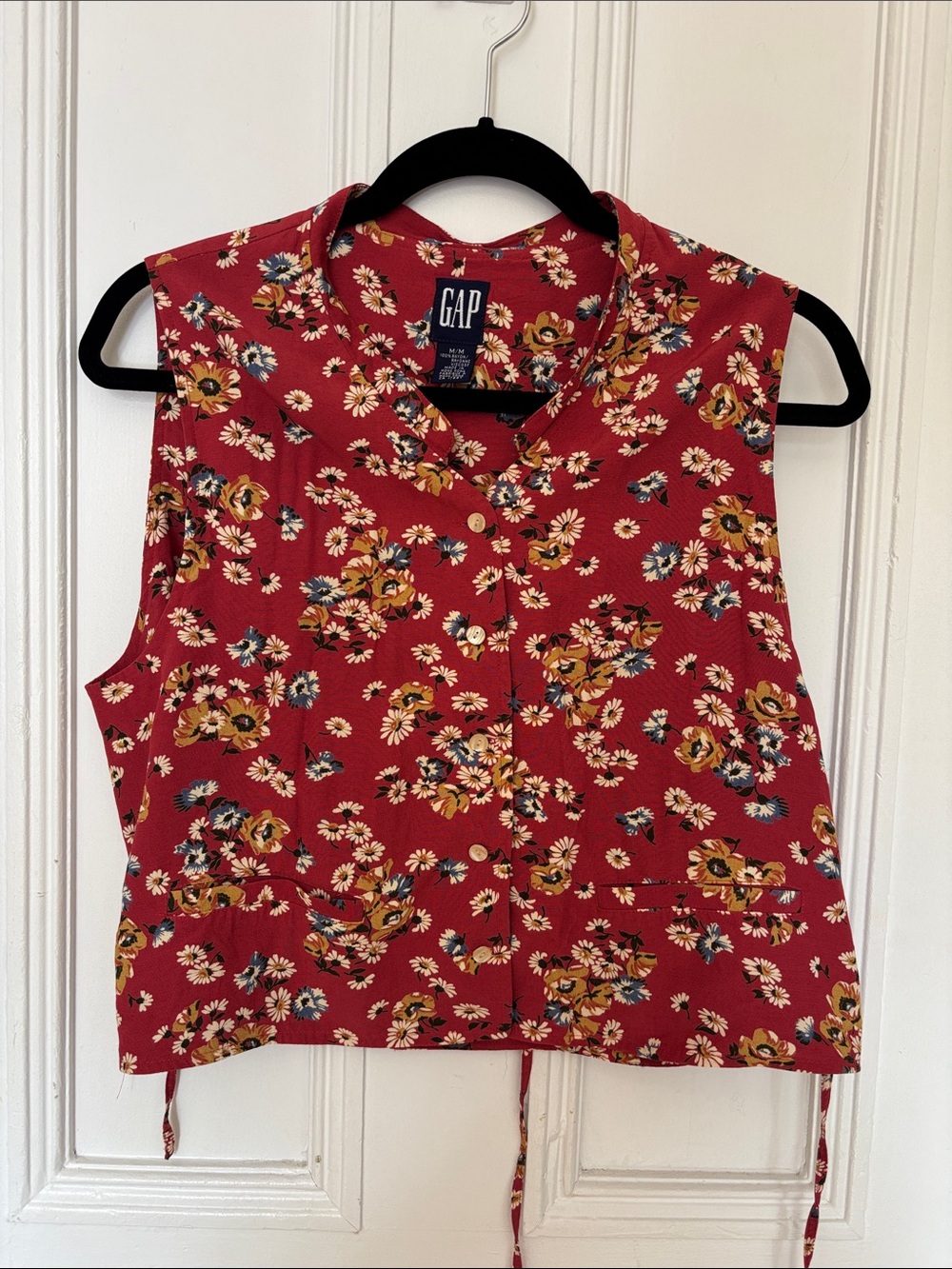 Vintage 90s Red Floral Cropped Vest Top • Adjustable Side Ties